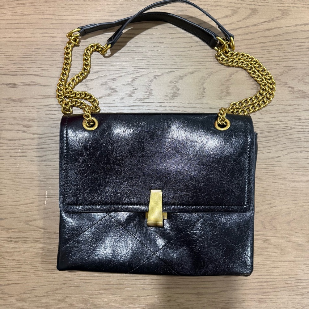 Crossbody Black Faux Leather Purse Gold Chain Shoulder Structured‎ Quilted Bag